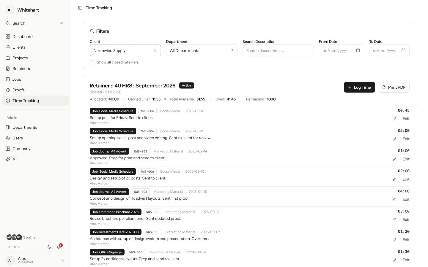 Tandem time tracking against a retainer